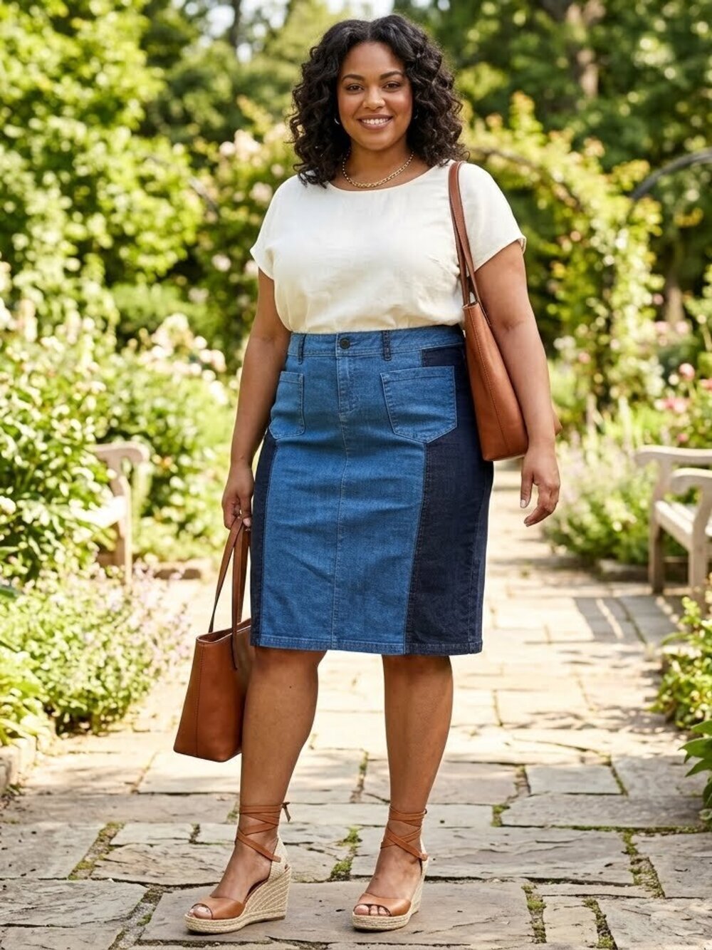 Lane Bryant Color Block Two Toned Stretchy Denim Skirt Pockets Back Slit Size 16